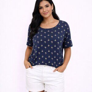 Karen Scott Navy/Gold Glitter Palm Tree Scoop Neck Tee Casual Fun Island Travel